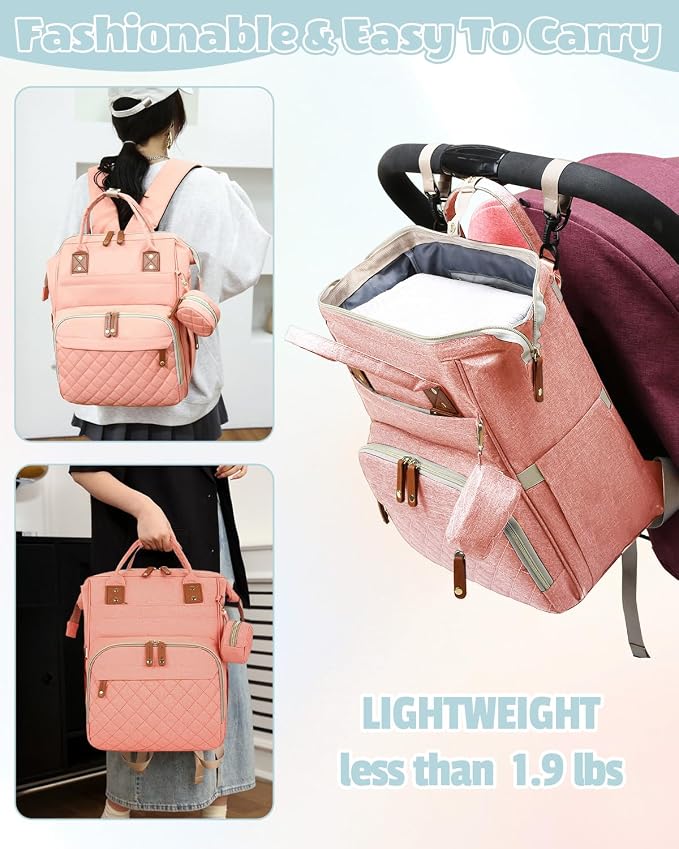 Diaper Bag with Changing Pad – Large Capacity, 15+ Pockets, USB Port, Waterproof Travel Backpack for Mom & Dad – Bonus Pacifier Case - Pink
