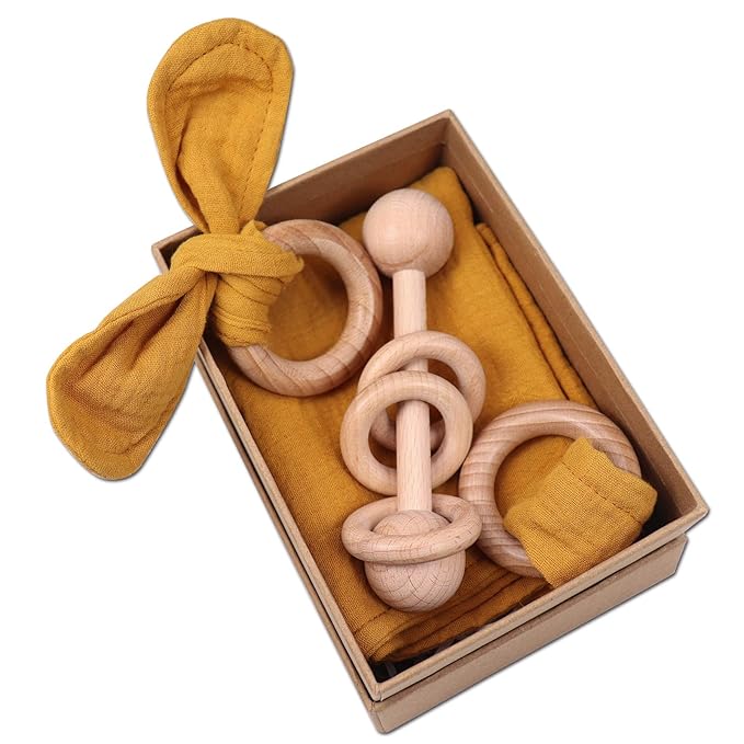 Baby Lovey, Wood Rattle, Teether Ring, 3 Pack Montessori Gift, Ginger, 100% Cotton, Double Gauze, Baby Girl Shower Gift