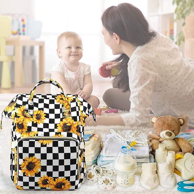 LIMHOO 3 in 1 Diaper Bag Backpack, Multifunction Large Baby Bags with Changing Pad & Stroller Straps, Waterproof Nappy Bag for Mom Baby Care (Checkered Sunflower)