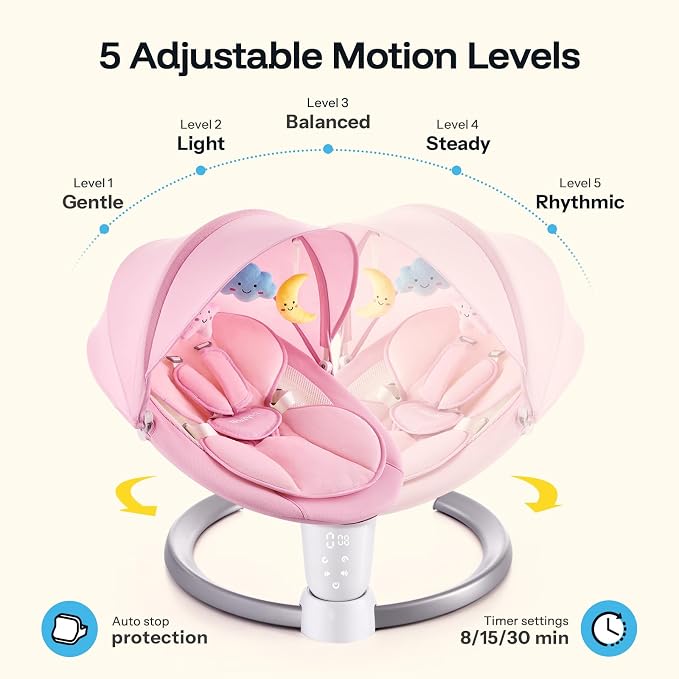 HARPPA Weddell Electric Baby Swing for Infants, 5-Point Harness, 5 Motion Levels, Remote & Touch Control, Built-in Melodies, Portable Baby Swing for Indoor Use,Light Pink