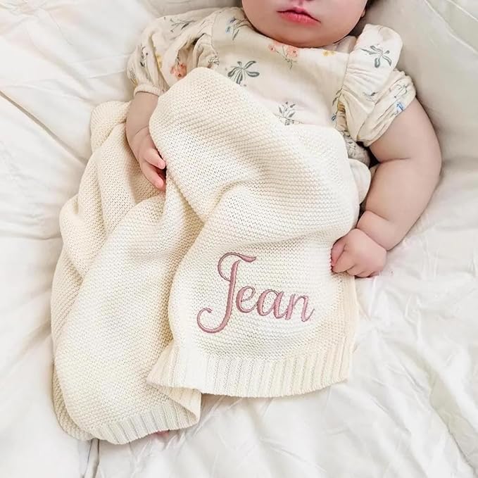 Luxury Personalized Name Knitted Baby Blanket -Embroidered, Soft Breathable Cotton Knit for Newborns - Valentine's Gift for New Moms, Baby Boy, Girl Birthday Christmas.