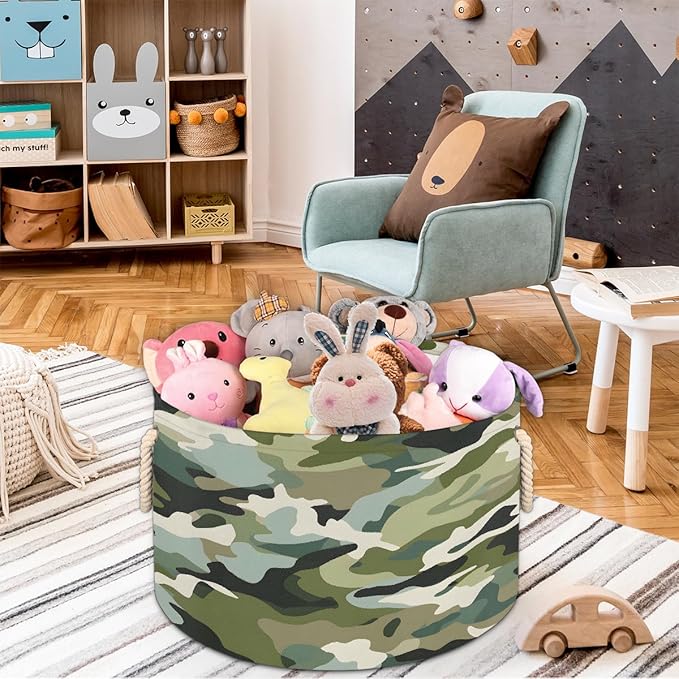 Large Round Laundry Basket Army Green Camo Toy Bins Organizers and Storage for Girls Canvas Collapsible Blanket Storage Basket Laundry Hamper Gift Baskets Bedroom Clothes Children Nursery