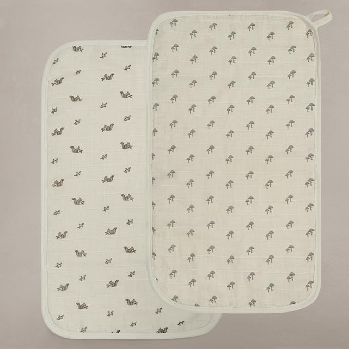 Oilo Burp Cloth 2-Pack Set, Large (12" X 22"), Organic Premium Cotton 4-Way Muslin, Luxuriously Soft, Super Absorbent, & Durable, Machine Washable, Mushroom & Squirrel