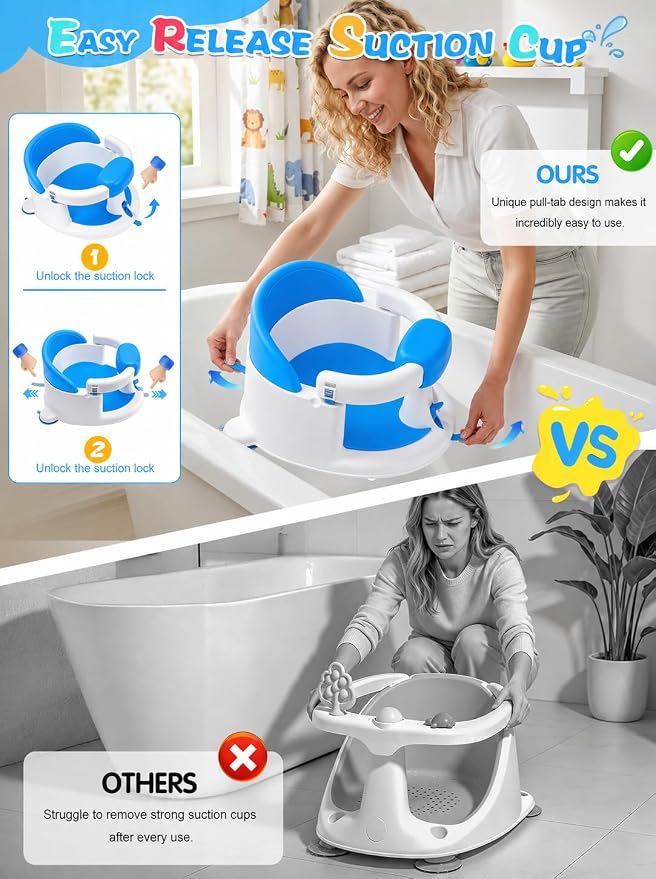 Baby Bath Seat for Babies 6 Months & up with Suction Cups, Non-Slip Infant Bath Chair, Ergonomic Baby Bathtub Seats for Babies Sitting Up, BPA-Free Toddler Bath Seat, Easy-Release Pull Tab, Blue