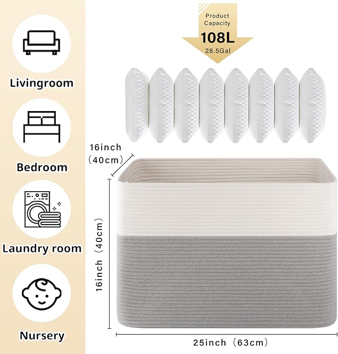 OIAHOMY 108L Extra Large Blanket Basket, 25?�x16?�x16??Laundry Basket, Blanket Storage for Living Room, Dog Toy Storage with Handle - Grey & White
