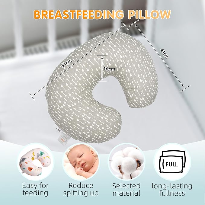 LAT Nursing Pillow for Breastfeeding,100% Cotton Removable Cover,Ergonomic Breast Feeding Pillows for Mom and Baby,Machine Washable(Gray Arrow)
