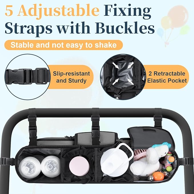 GDNasist Double Stroller Organizer Compatible with Bob Duallie and Baby Jogger City Mini GT2, Double Baby Stroller Accessories with Cooler Bag, Parent Console Double Jogging Stroller Caddy, Grey