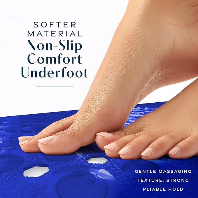 SlipX Solutions Power Grip Bathtub Safety Mat | Precision Grip Technology for Longer, Stronger, & Softer Wet Surface Protection | Clear Blue 39"x16"