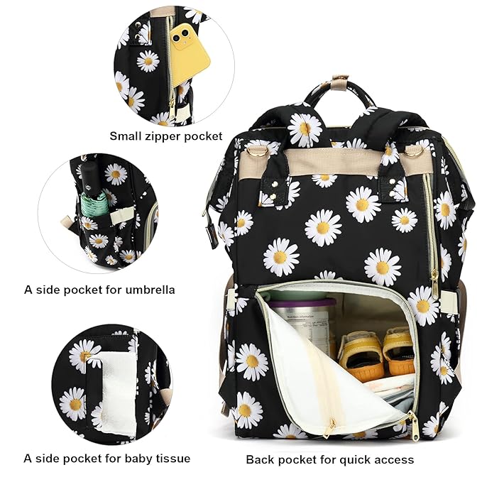 Floral Diaper Bag Backpack for Baby Girls Boys, Flowers Mom Nappy Bags for Women (Daisy Black)