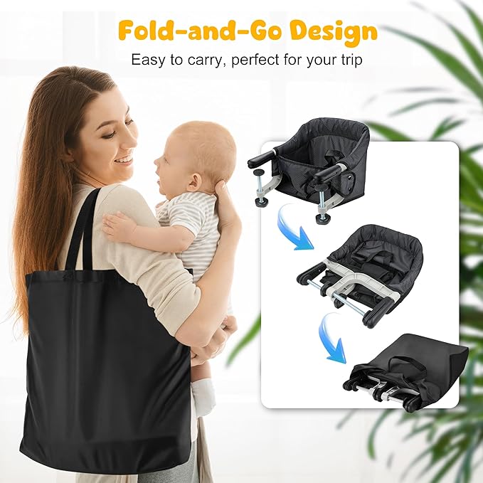 Hook On Chair with Removable Dining Tray, Portable Table High Chair, Folding Compact Baby Seat with Storage Bag for Indoor/Outdoor(Black)