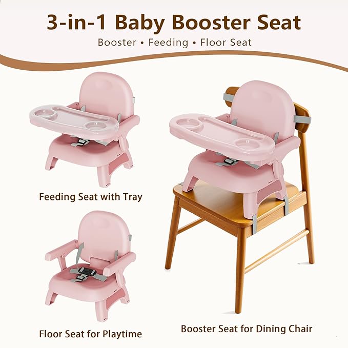 Booster Seat for Kitchen Chair, 3-in-1 Foldable & Portable Booster Seat with Tray, Extra Dishwasher-Safe Tray, Safety Straps for 6??8M (Up to 30 lbs), for Dining Table, Travel & Camping, Pink