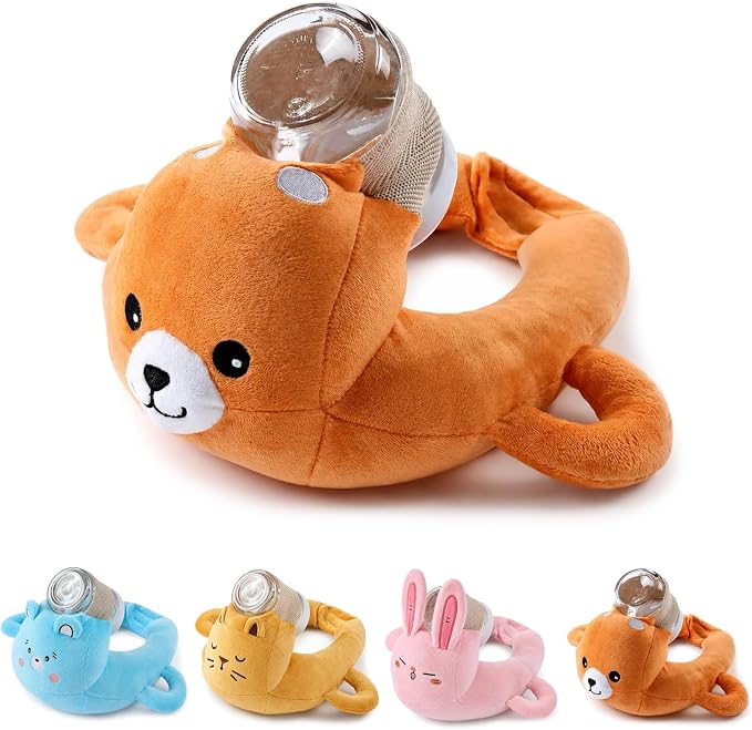 New Bottle Holder Pillow Plush for Self Feeding, Hands Free Feeding Nursing Assistant, Ergonomic Support Cushion, Soft Animal Cover Protector, Machine Washable (Brown Bear)