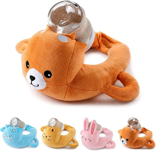 New Bottle Holder Pillow Plush for Self Feeding, Hands Free Feeding Nursing Assistant, Ergonomic Support Cushion, Soft Animal Cover Protector, Machine Washable (Brown Bear)