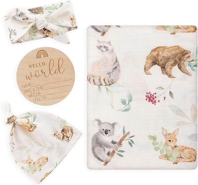BabyWhale Muslin Swaddle Blanket with Hat and Headband Bow, Animals Print Swaddle Set for Baby Boys ï¼?Girls, Newborn Silky Soft Receiving Blanket Wrap, 47x47 inches