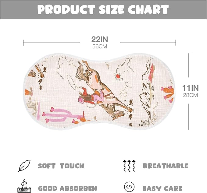Cute Rodeo Cowgirl Muslin Baby Burp Cloths - Super Absorbent and Soft Burping Rags - Cotton Burp Clothes Set for Boys and Girls, 2 Pack