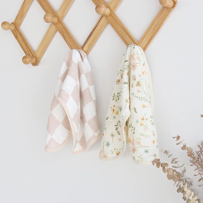 LifeTree Muslin Baby Burp Cloths - Soft 2 Pack Viscose Bamboo Cotton Large 22'' by 10.6'' Absorbent Milk Spit Up Rags - Burping Cloths for Newborn, Girls Boy (Floral & Checkerboard)
