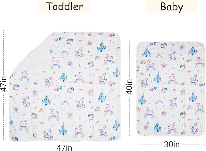 ZPECC Muslin Toddler Blanket Thicker, 47x47 Organic Cotton Kids Quilt Hypoallergenic for Baby Essentials Crib Stroller Daycare Cot, Unicorn