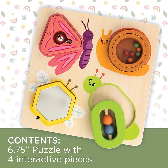 MindWare Sensory Sprouts Surprise Puzzle - Wooden Baby Puzzle with Mirror, Bells & Beads - Educational Toy for Infants & Toddlers 6+ Months Montessori Baby Toy