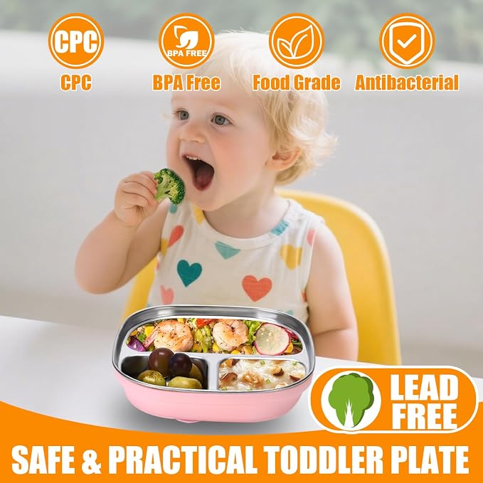 2 Pack Stainless Steel Kids Plates with Suction | 7.68" Spill-Proof High-Rim | 2 Spoons & Removable Sleeves | Microwave/Dishwasher Safe | BPA-Free, Non-Slip, Unbreakable Toddler Plates (Pink)