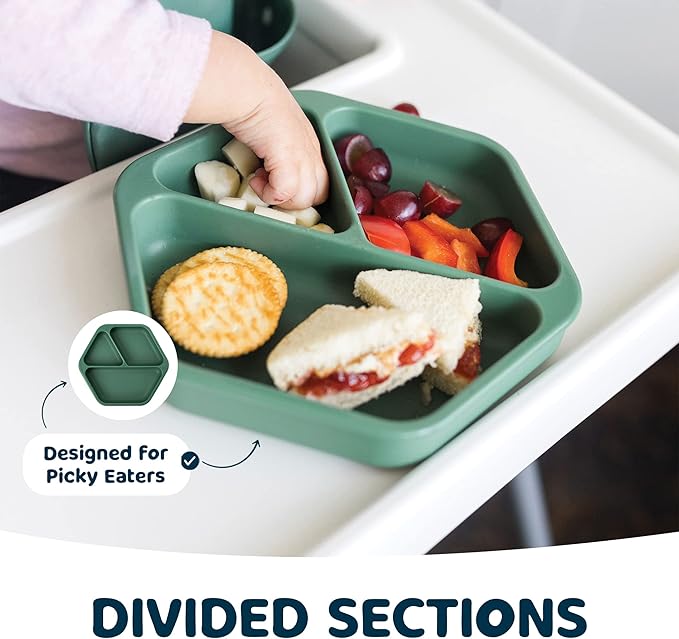 Tiny Twinkle Silicone Suction Baby Plate, Suction Grip Divided Dish for First Foods and Self-Feeding Toddlers, Baby Led Weaning Supplies for Independent Eating (Olive Plate)