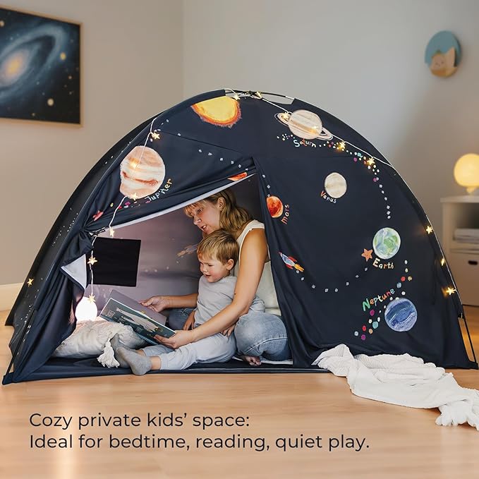 Tiny Land Space Galaxy Bed Tent for Kids ??Sleep Bed Canopy with 9 Planets Design, Easy-to-Install Indoor Kids Play Tent, Imaginative Playhouse, Ideal Gift for Boys & Girls ??77" x 40" x 46"