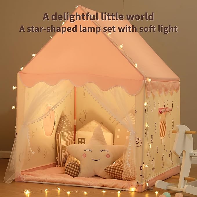 Kids Play Tent Children Tent with Smile Face Design Indoor Outdoor Princess Playhouse with Star Lights Pink Play Tent for Girls Boys Birthday Gift Pink