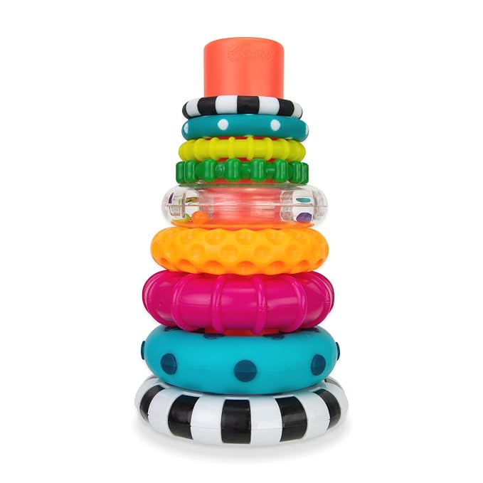 Sassy Reversible Soft Sensory Activity Panels, 4Count, Ages 0+ & Stacks of Circles Stacking Ring STEM Learning Toy, Age 6+ Months, Multi, 9 Piece Set