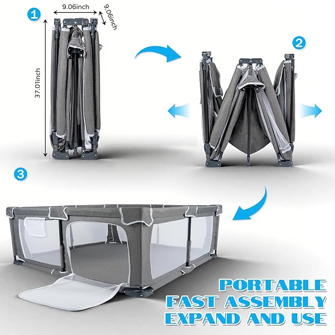 Foldable Baby Playpen,PlayPens for Babies and Toddlers，Indoor Outdoor Safety Play Area, Portable Child Activity Large Collapsible Play Yard，Folding Fence (Cationic Fabric-Grey, 59"x71")
