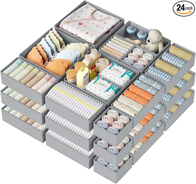 DIMJ Drawer Organizer Clothes Storage - 24 Pack Baby Dresser Organizer for Nursery, Small Fabric Closet Drawer Organizer Bins for Underwears Socks, Foldable Storage Dividers Organization for Bedroom