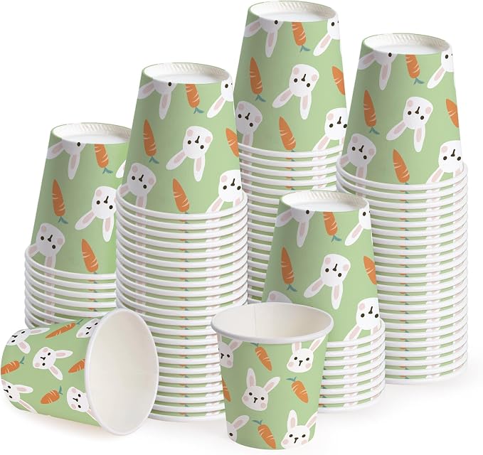 WRAPAHOLIC 3oz Easter Paper Cups - 100 Pack Disposable Bathroom Cups with Carrot Bunny Design, Small Mouthwash Cup for Toothbrush Rinse, Home Bathroom, Easter, Baby Shower and Party