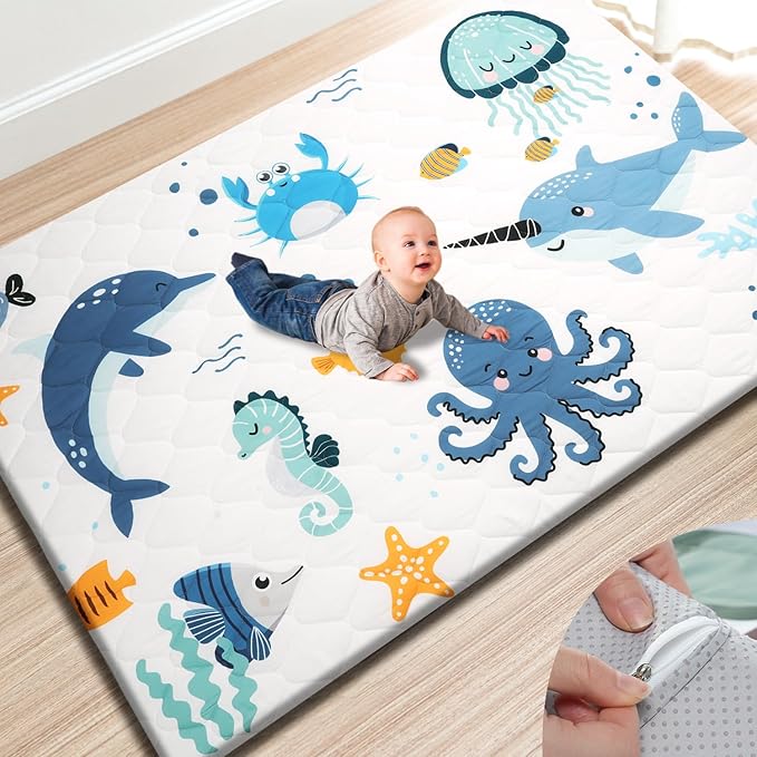 TINYHARBO Premium Foam Baby Play Mat 74x50 ??Removable & Machine Washable Cover, Extra Thick Padding Playpen Mat, Non-Slip Crawling Mat, Easy to Clean for Infants, Toddlers & Babies