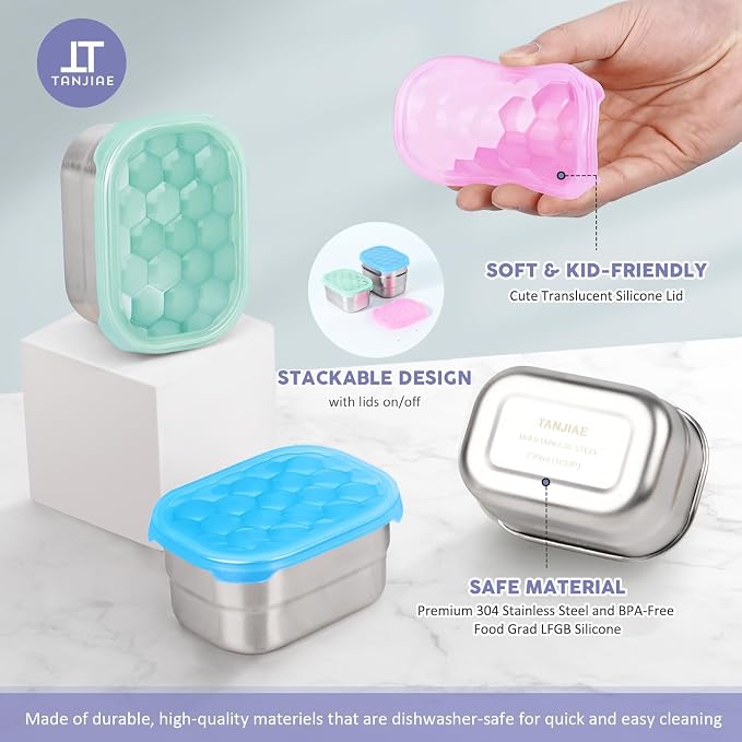 Tanjiae Snack Pro - Small (1 CUP) Stainless Steel Snack Containers for Kids | Easy Open Leak Proof Food Containers with Silicone Lids - Perfect Metal Toddler Lunch Box for Daycare and School (8oz)