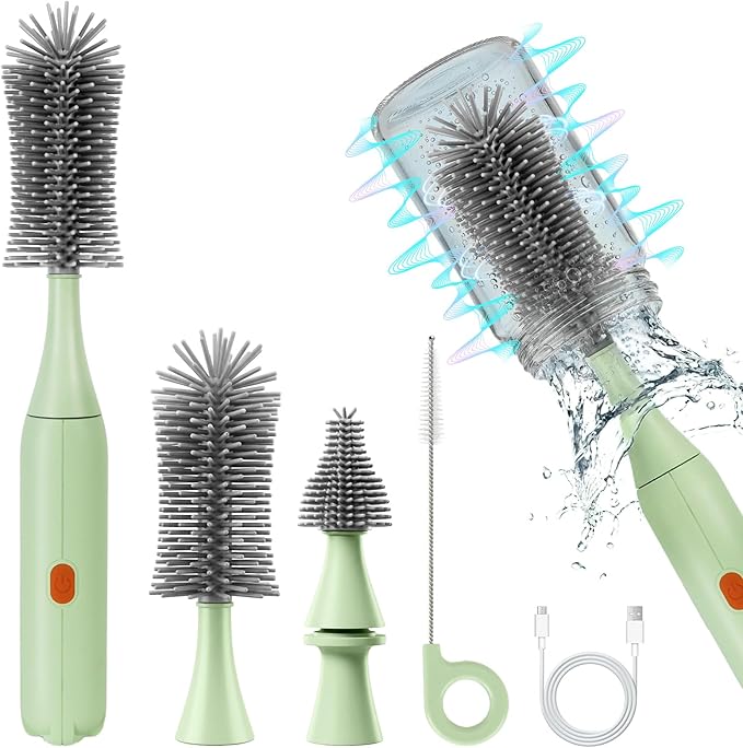 Electric Bottle Brush Cleaner Set, USB Rechargeable 360° Spin Baby Bottle Cleaner with 2 Brush Heads & Straw Brush, Waterproof, High/Low Speed, Portable Travel Cleaning Kit, Green