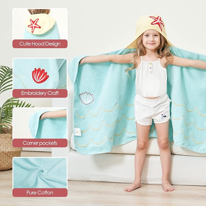Style Quarters Premium 100% Cotton Terry Kids Beach Towel with Mermaid Embroidery - Hooded Bath Towel for Toddlers, Cyan 50"x24"