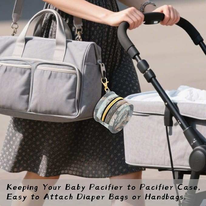 Pacifier Holder with Clip Pacifier Case for Diaper Bag Round Baby Pacifier Pouch Box Bag Portable Grey Mountains