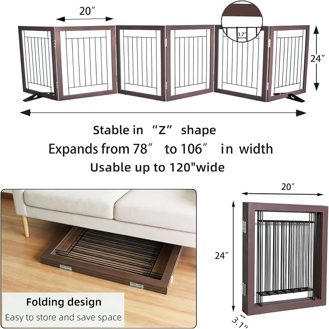 Dog Fence Indoor - 6-Panel Freestanding Dog Gate for Doorways, Hallways, House or Stairs -120x24-Inch Retractable Foldable Expandable Wood Pet by SFJC (Brown)
