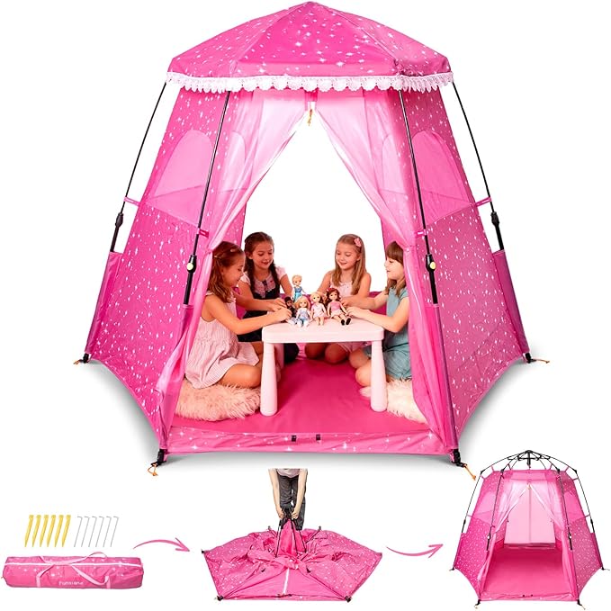 Princess Pop-up Play Tent for Girls: 78"x66" Large Playhouse Castle for Kids Indoor & Outdoor (Pink)