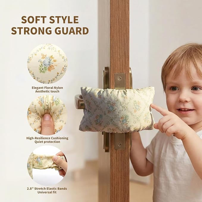 Soft Fabric Door Stopper for Handles, Floral Door Slam Stopper Door Silencer Quiet Buffer, Prevents Door Slams Finger Pinches for Kids & Pets Safety, Farmhouse Home Decor