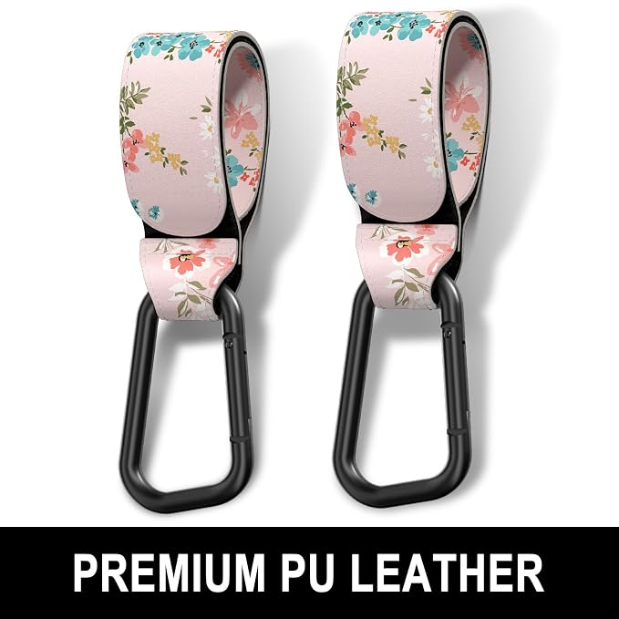 Baby Stroller Hooks for Hanging Bags, Universal Stroller Clips Accessories, Mommy Hook for Diaper Bag, Shopping Cart, Purse, Backpack - 2 Pack, Pink Flower