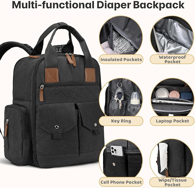 JSTPRO Diaper Bag Backpack - Large Diaper Bag with Portable Changing Pad as Baby Shower Gifts, Lightweight Waterproof Unisex Travel Baby Bag with 4 Insulated Pockets and Stroller Buckles, Black