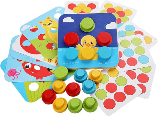 Wooden Pegboard Mosaic Toy, Take-Along Big Button Puzzle with 12 Pattern Cards