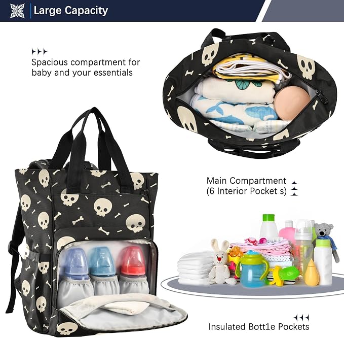 Skull Cartoon Bones Diaper Bag Insul Pockets Mom Dad