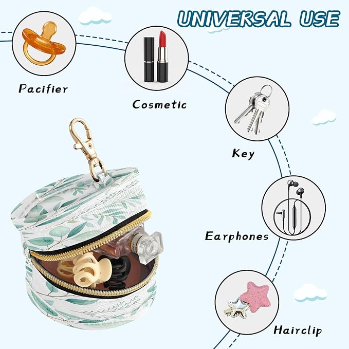 Watercolor Botanical Leaf Pacifier Holder Case with Clip Portable Small Travel Pacifier Pouch for Mom Bag Zipper Coin Purse Pendant