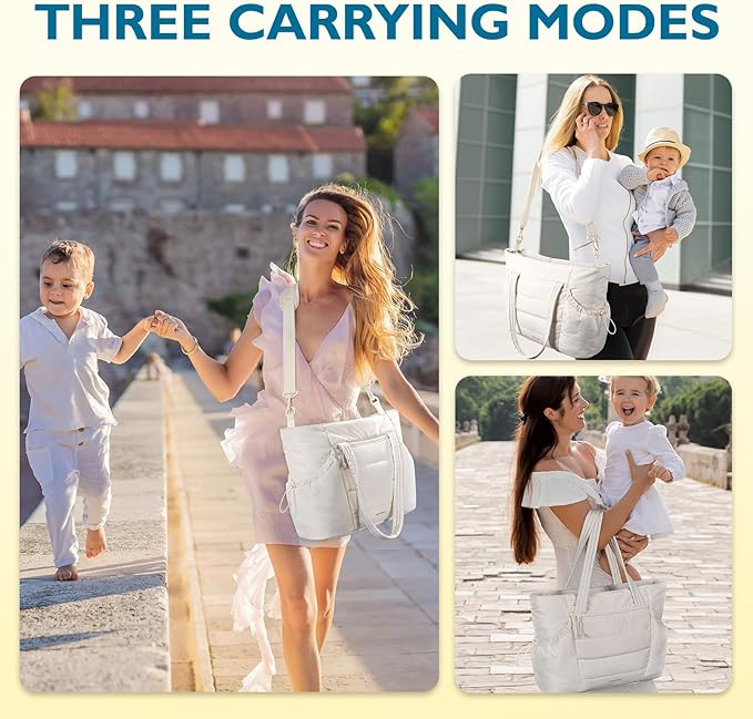 mommore Diaper Bag Tote with Stroller Organizer Puffer Bag Large Capacity Baby Bag with Changing Pad for Travel, Hospital