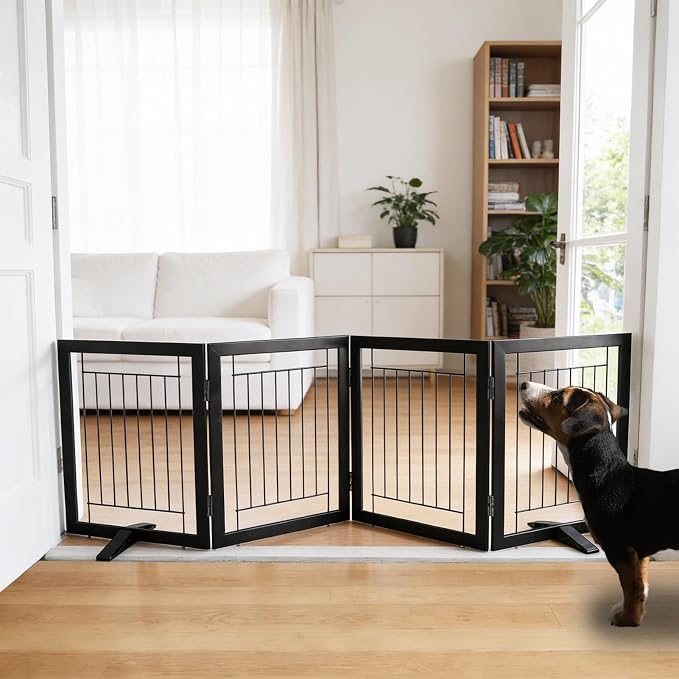 Dog Fence Indoor - 4-Panel Freestanding Dog Gate for Doorways, Hallways, House or Stairs -80x24-Inch Retractable Foldable Expandable Wood Pet by SFJC (Black)
