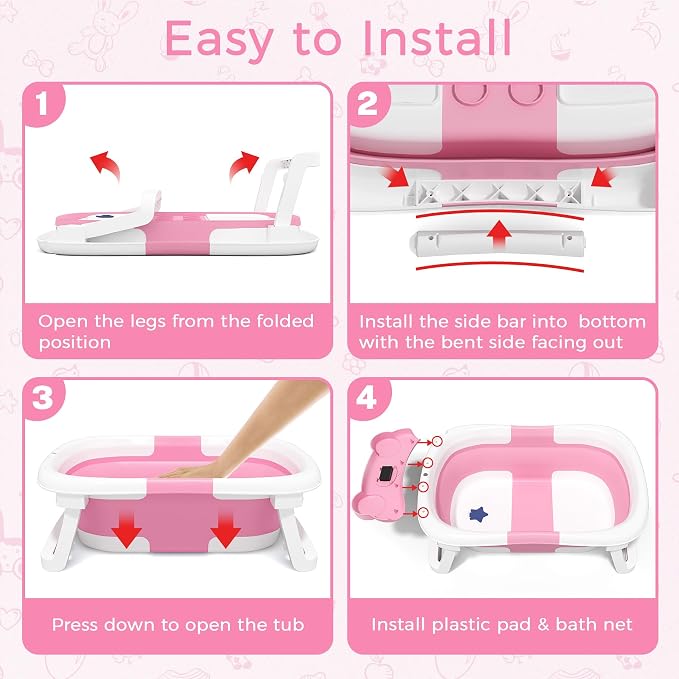 BUNWAG Baby Bathtub,Collapsible Newborn Bathtub for Infant to Toddler with Soft Cushion and Thermometer,Portable Travel Newborn Tub with No-Slip Feet,Baby Shower Gifts,0-12 Months Babybath,Bright Pink