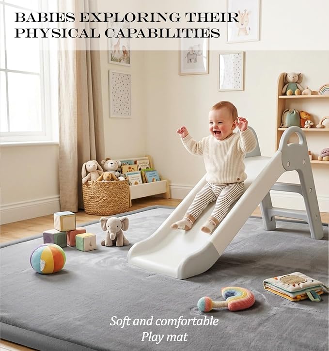 AEOCOO Baby Play Mat for Floor Cushion, 59x71x1.3 Thick Memory Foam Tummy Time Mat, CloudSoft Velvet Non Slip, Toddlers Baby Kids Extra Large Nursery Rug for Crawling, Living Room, Tatami Style, Grey