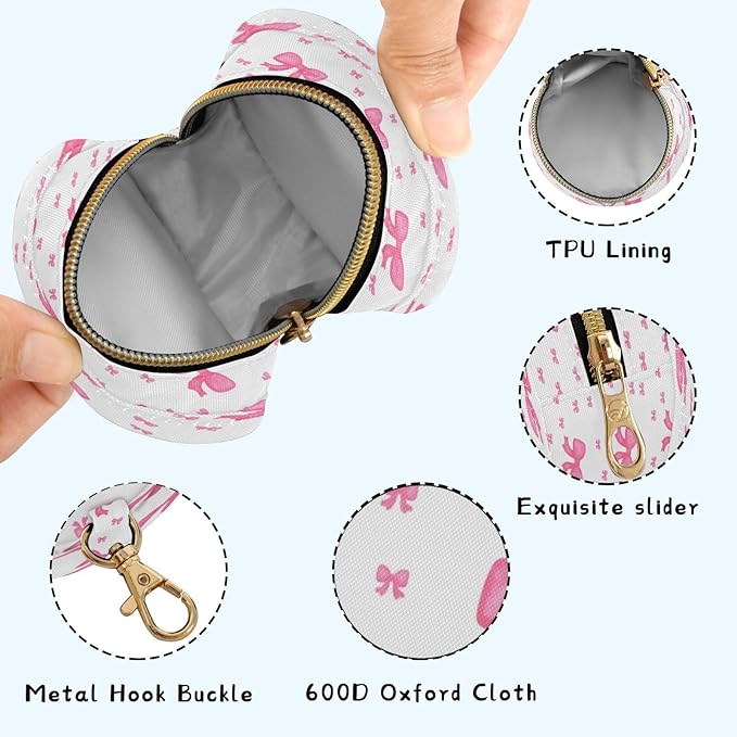 Watercolor Pink Bows Pacifier Holder Case with Clip Portable Small Travel Pacifier Pouch for Mom Bag Zipper Coin Purse Pendant