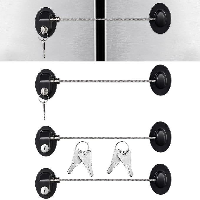 Hotop 4 Pack Cabinet Locks with Keys Refrigerator Fridge Locks Replacement with Steel Wire Self Adhesive Child and Baby Proofing Safety for File Drawers Deep Freezer Doors Latch(Black)