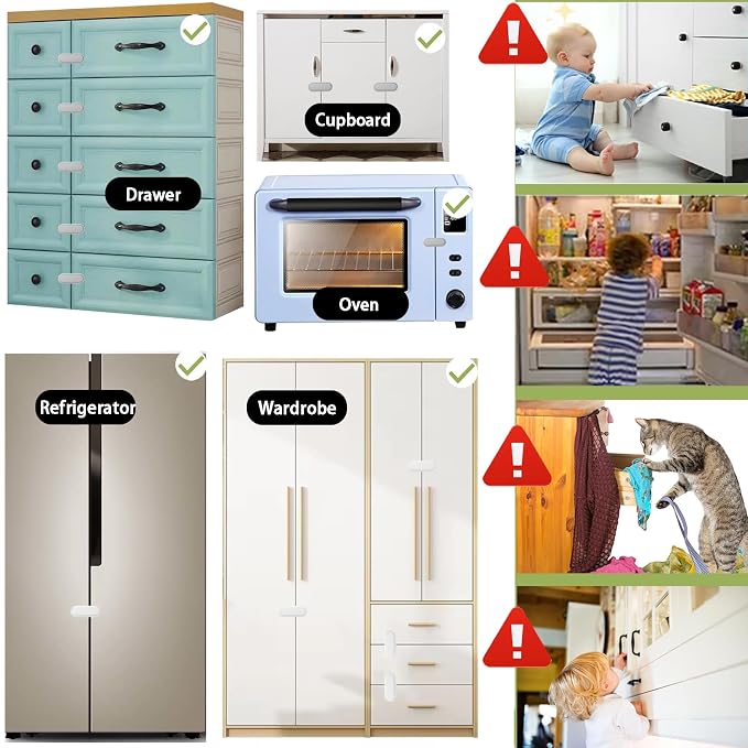 Fursafe&Q Baby Proof Cabinet Locks, Child Safety Locks Adhesive Drawer Lock for Fridge Ovens Dresser Closet Latches No Drill Multi-Purpose Cupboard Locks for Furniture Kitchen 12Pack
